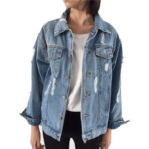 Oversized Denim Jacket Women Long Sleeve Boyfriend Coat Casual Washable
